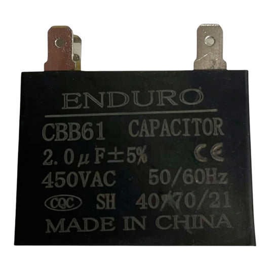 An Enduro CBB61 capacitor, 2.0 ΩF ±5%, 450VAC, with a black rectangular body and two metal terminal posts, shown on a plain white background.