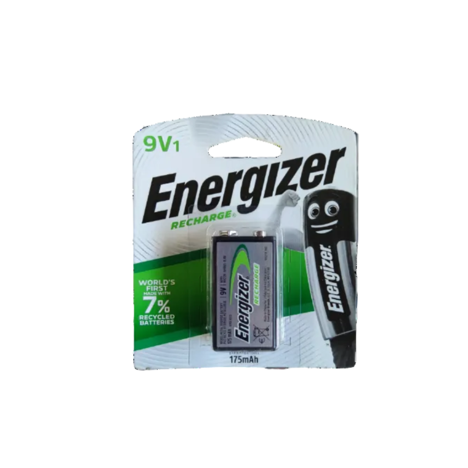 Energizer 9V rechargeable battery in packaging featuring recycled materials for eco-conscious users