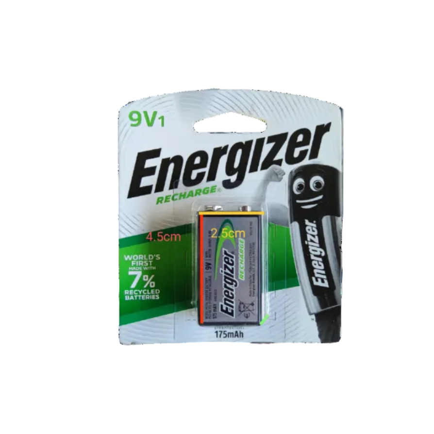 Energizer 9V rechargeable battery on packaging highlighting eco-friendly features and specifications