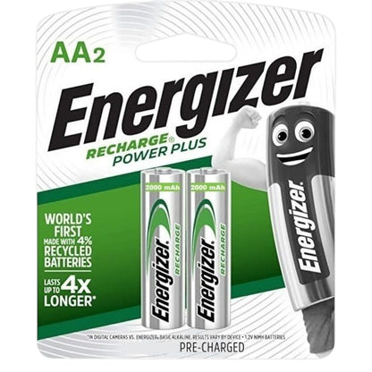 Energizer Recharge Power Plus batteries packaging with two batteries and a charger on a white background.