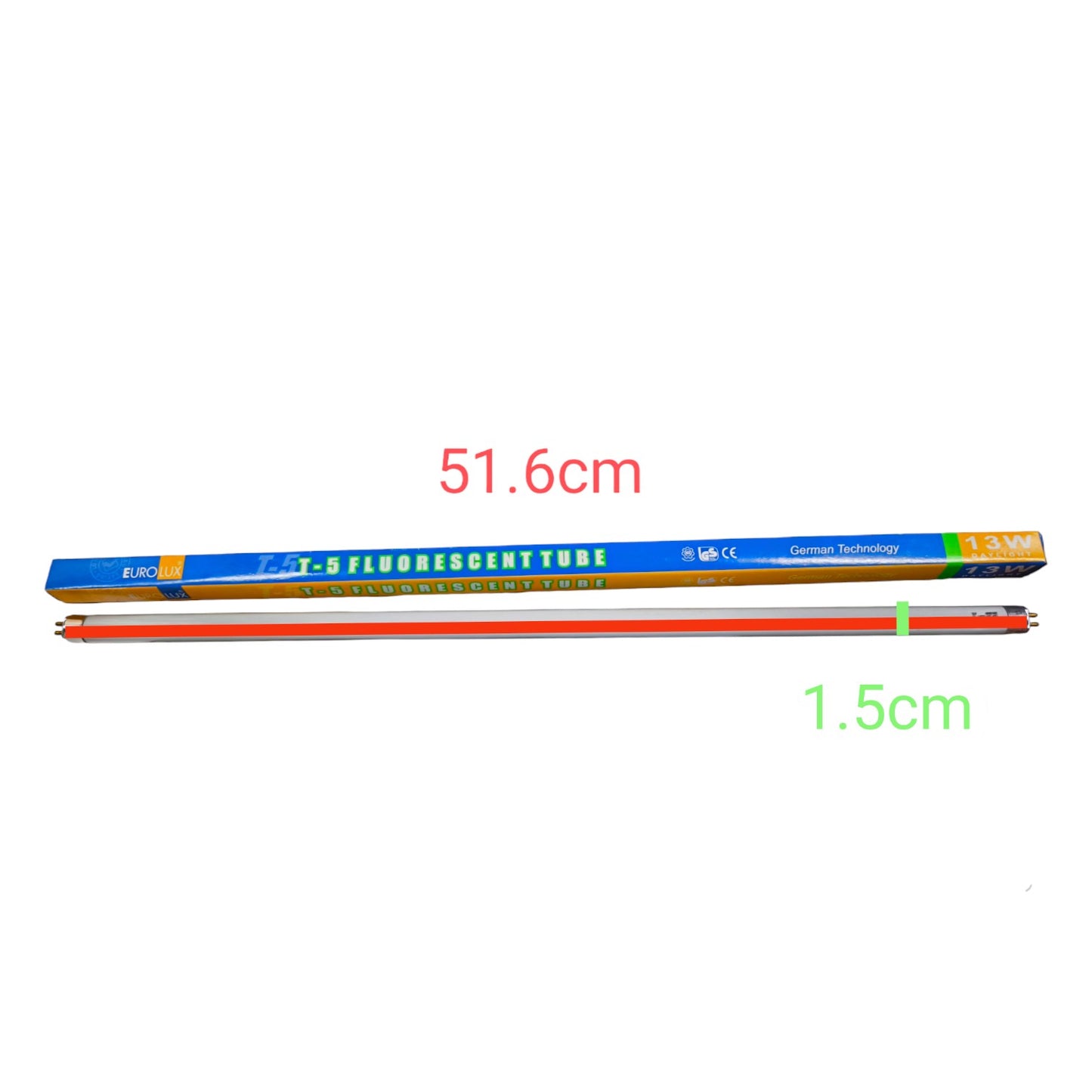 Two fluorescent tubes with measurements on a white background