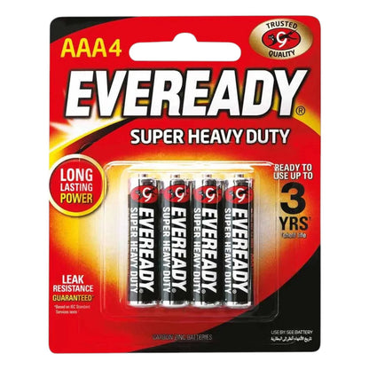 Pack of Eveready Super Heavy Duty AAAA batteries on a white background