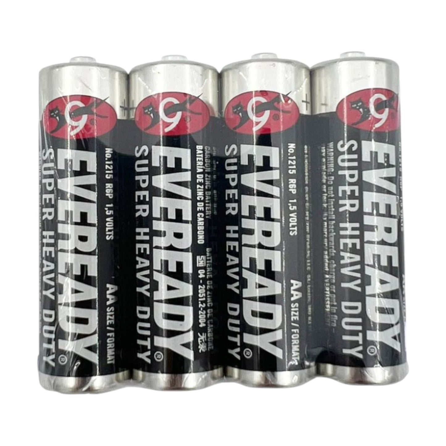Four Eveready Super Heavy Duty batteries on a white background
