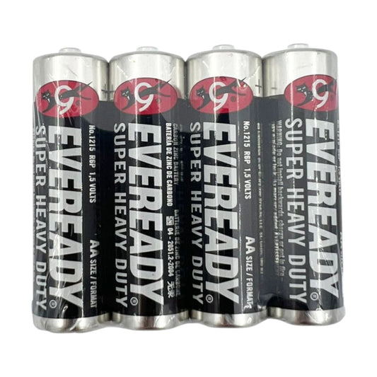 Four Eveready Super Heavy Duty batteries on a white background