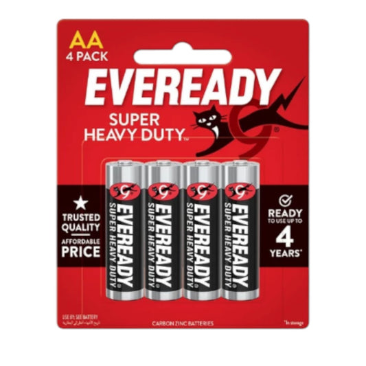 Eveready Super Heavy Duty AA batteries in a 4-pack packaging on a white background