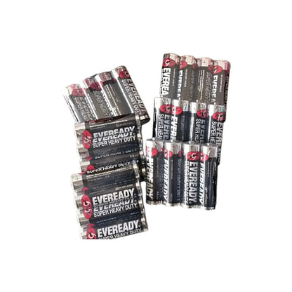 Multiple boxes of Eveready Super Heavy Duty batteries on a white background
