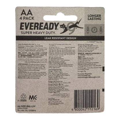 Back of Eveready AA battery packaging with text and branding.