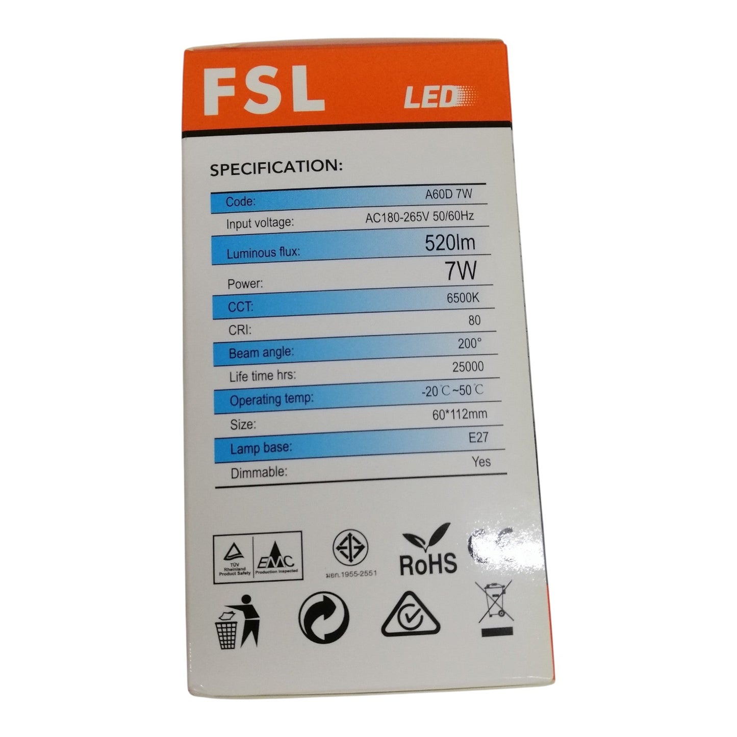 FSL Dimmable LED Bulb 7W E27 180-265V Daylight Lm520 BA60D-7DL 6500K Electx Electrical Supply