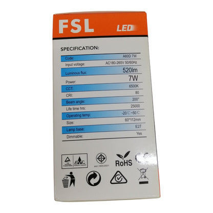 FSL Dimmable LED Bulb 7W E27 180-265V Daylight Lm520 BA60D-7DL 6500K Electx Electrical Supply