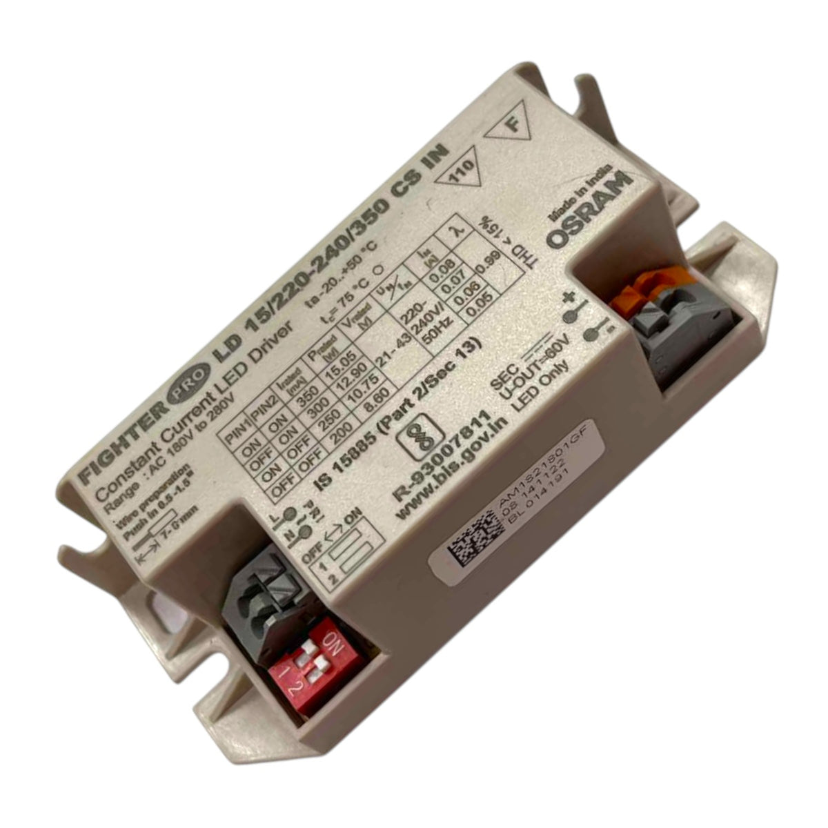 An Osram FIGHTER LED constant current driver module, model LD 1920-2400/50 CS IN, featuring a beige plastic housing with printed technical specifications and terminal blocks at the ends.