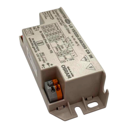 An Osram LED driver module, model LD 12420-240510 CS IN, featuring a beige plastic housing, terminal blocks, and printed technical specifications on the top surface, isolated on a white background.