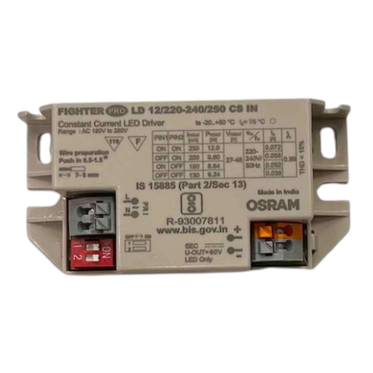 An OSRAM FIGHTER LED driver module, model LD 12/220-240/250 CS IN, shown against a plain white background. The device is beige with technical specifications printed on the front, terminal blocks with red and black screws on the bottom, and orange light indicators on the right side.