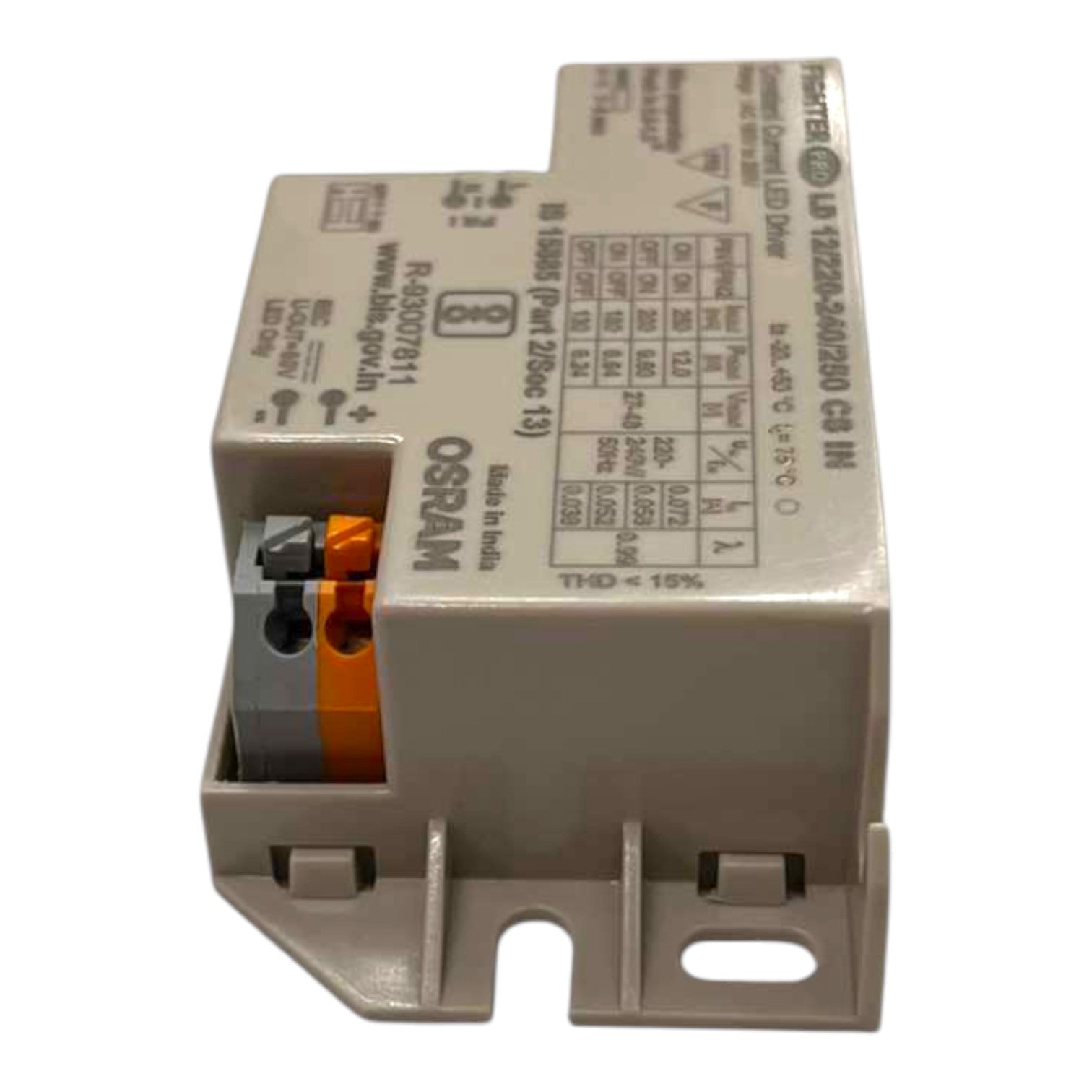 An OSRAM LED driver module, model LD 1520W-3A/30E CO HI, featuring a beige plastic housing with technical specifications printed on the side and a terminal block with orange and gray contacts at the front.