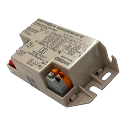 An Osram LED driver module, model R-930903, featuring a beige plastic housing with printed technical specifications and terminal blocks showing orange and red contacts, isolated on a white background.
