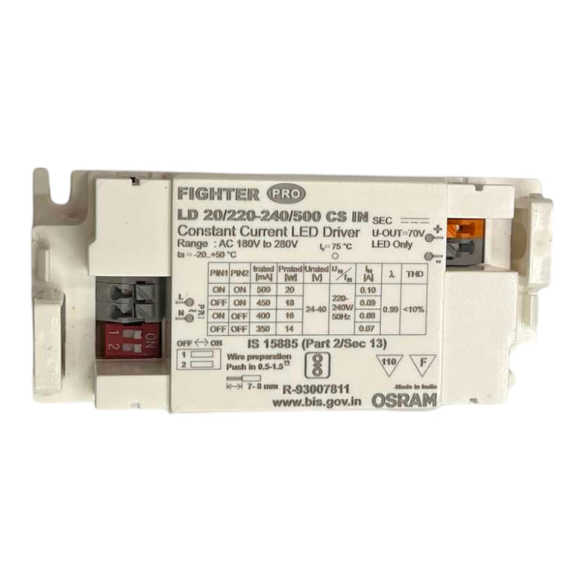 An OSRAM Fighter Pro LD 20/220-240/500 CS IN constant current LED driver module, shown against a plain white background.