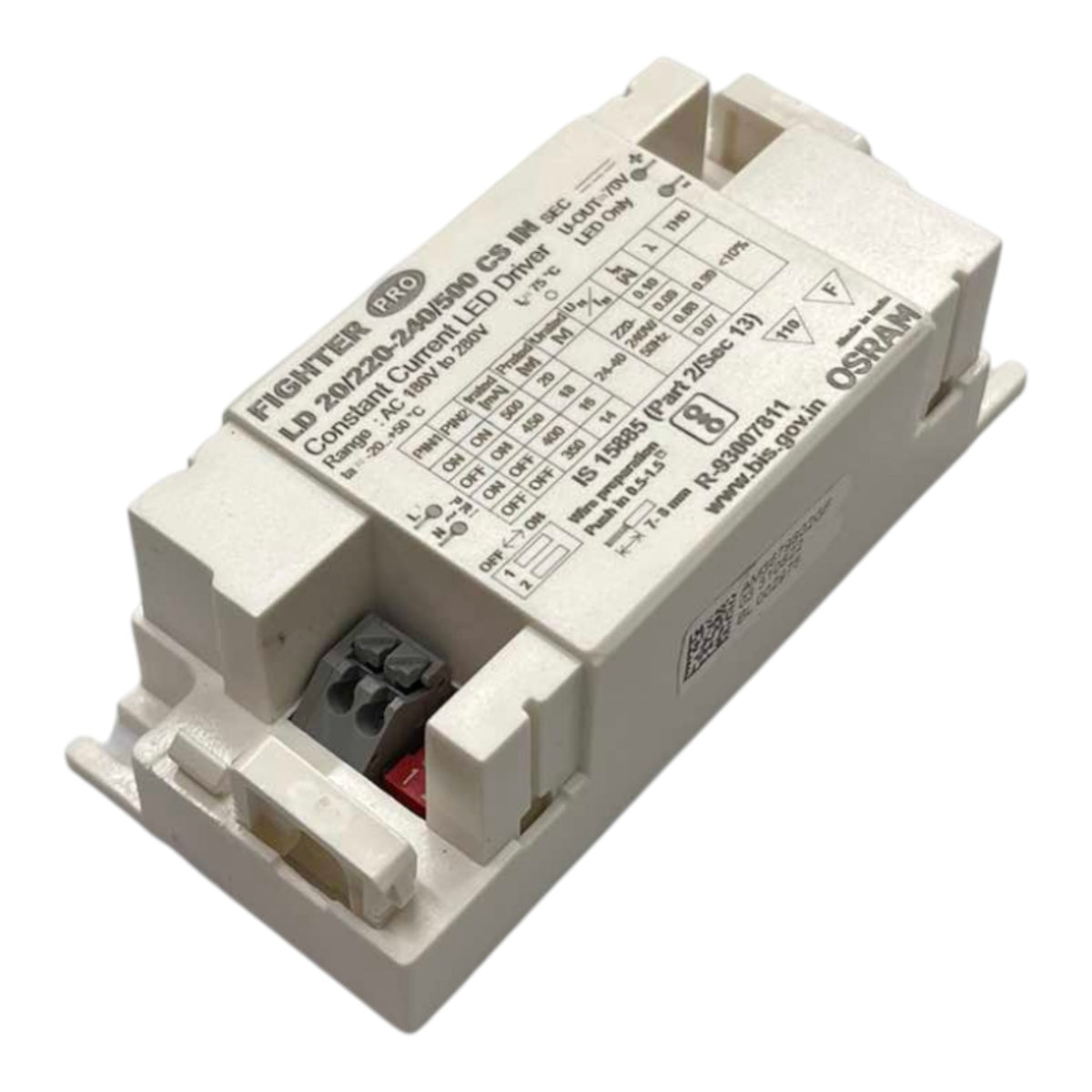 A white industrial electronic driver module with printed technical specifications and a small red terminal connector, photographed on a plain white background.