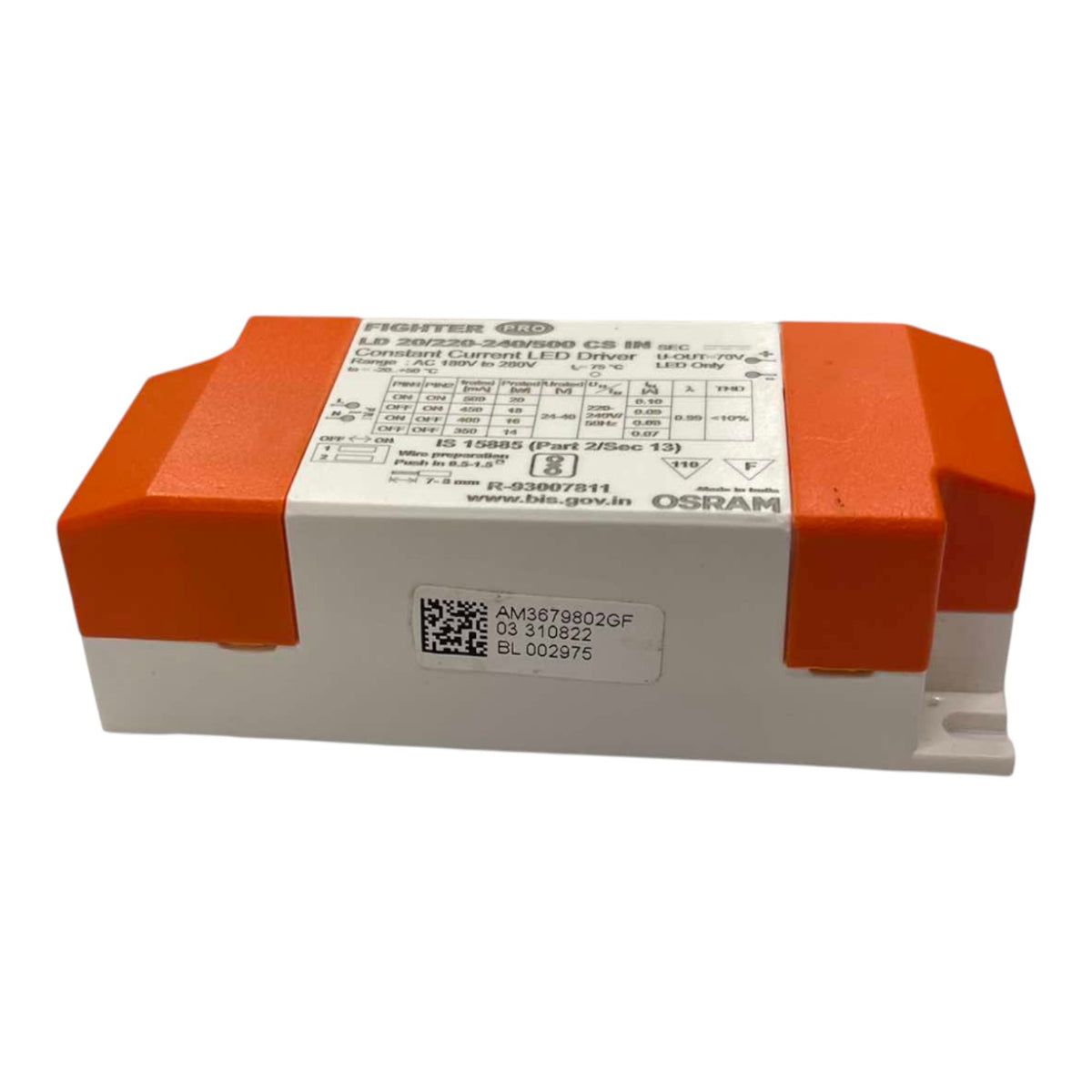 An Osmar electronic filter module, model LD 3000/25-34/5000 CS 50, featuring orange end caps and a white body with printed technical specifications and a QR code label.