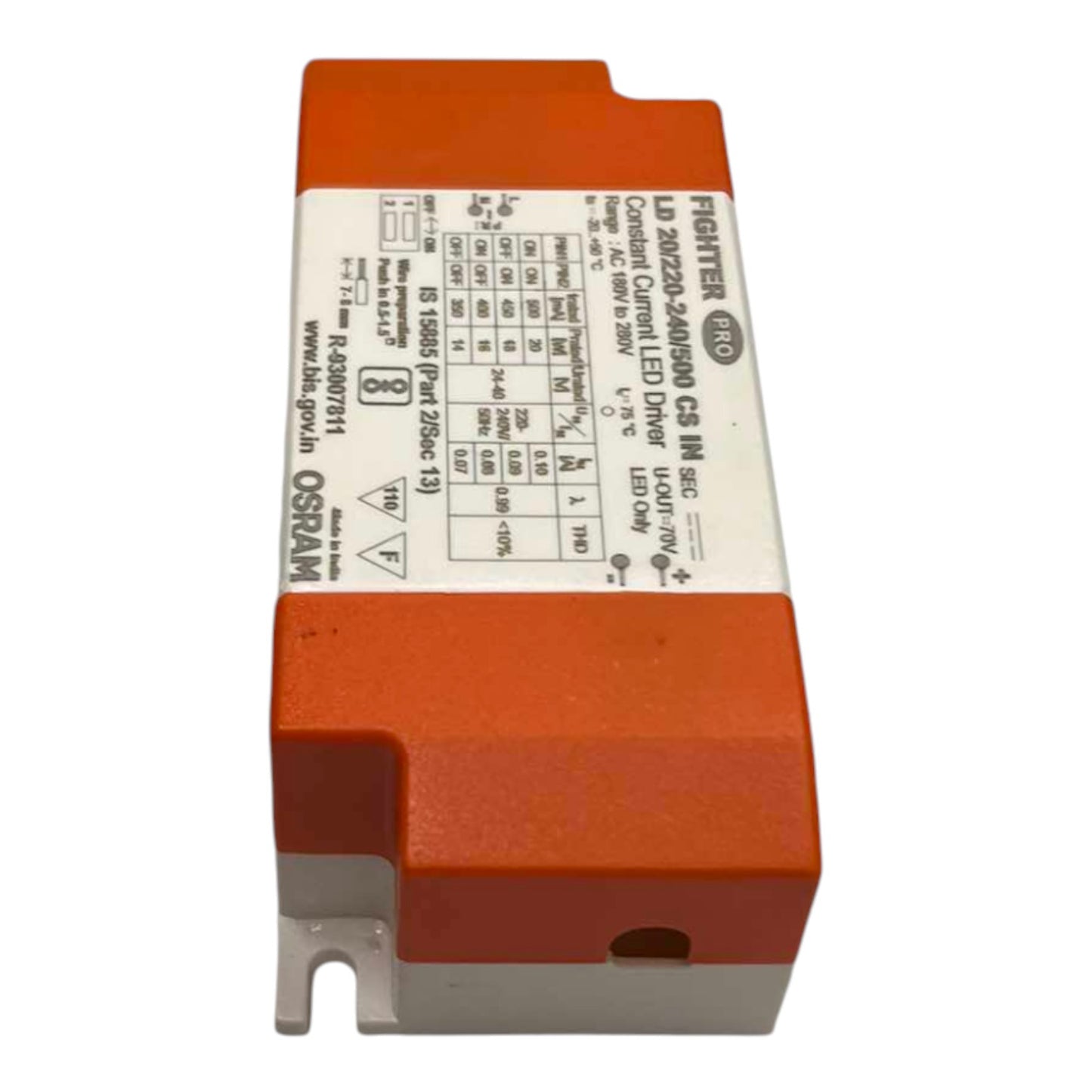 A Fisher & Payk LED driver module, model FHD2-48V/900 CS IN SEC, featuring an orange and white plastic housing with a detailed technical specification label on the side.
