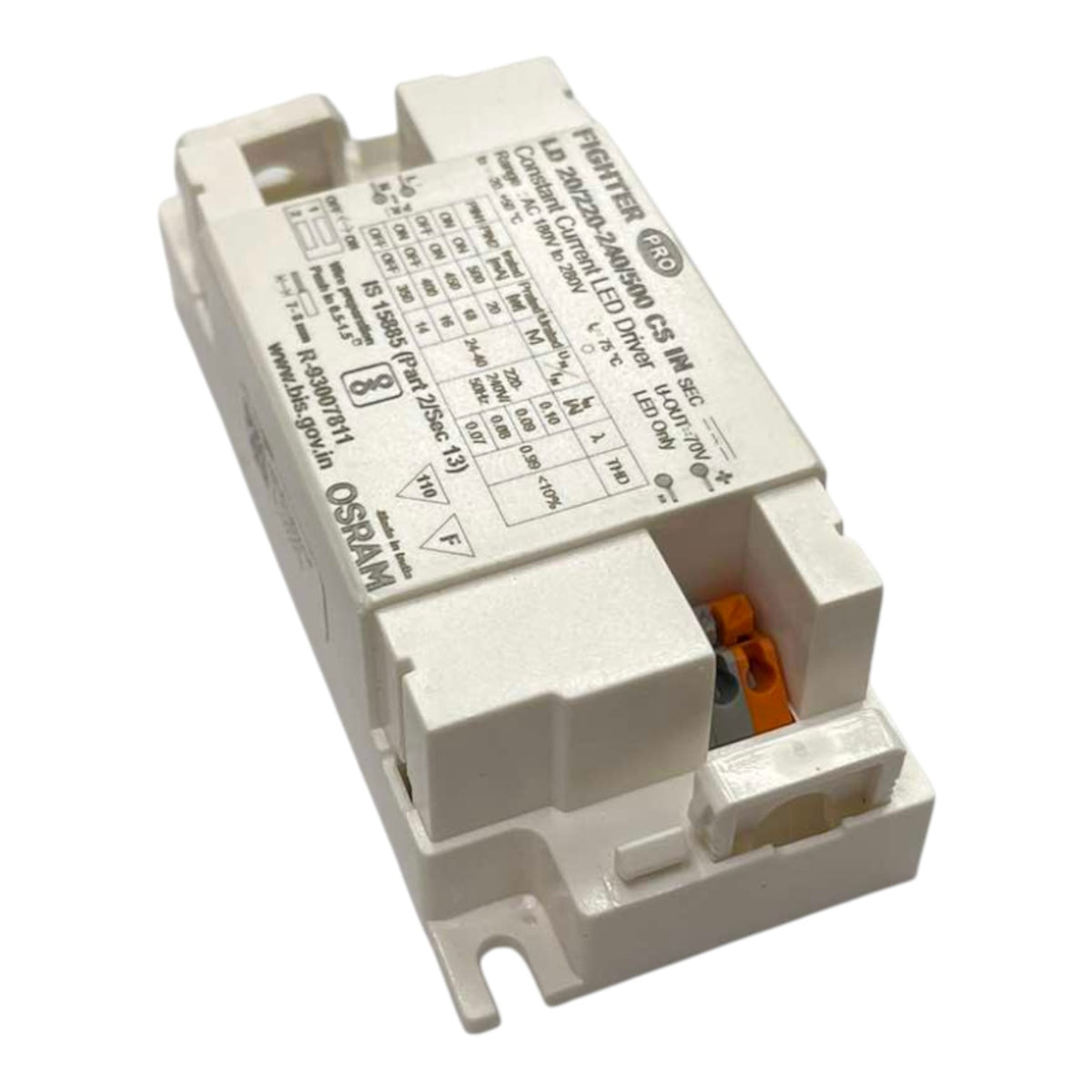 A white plastic LED driver module with printed technical specifications and a small orange terminal visible on one end, photographed on a plain white background.