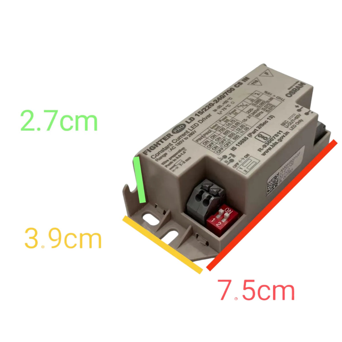 An industrial LED driver power supply with overlaid dimension lines and text indicating 2.7cm, 3.