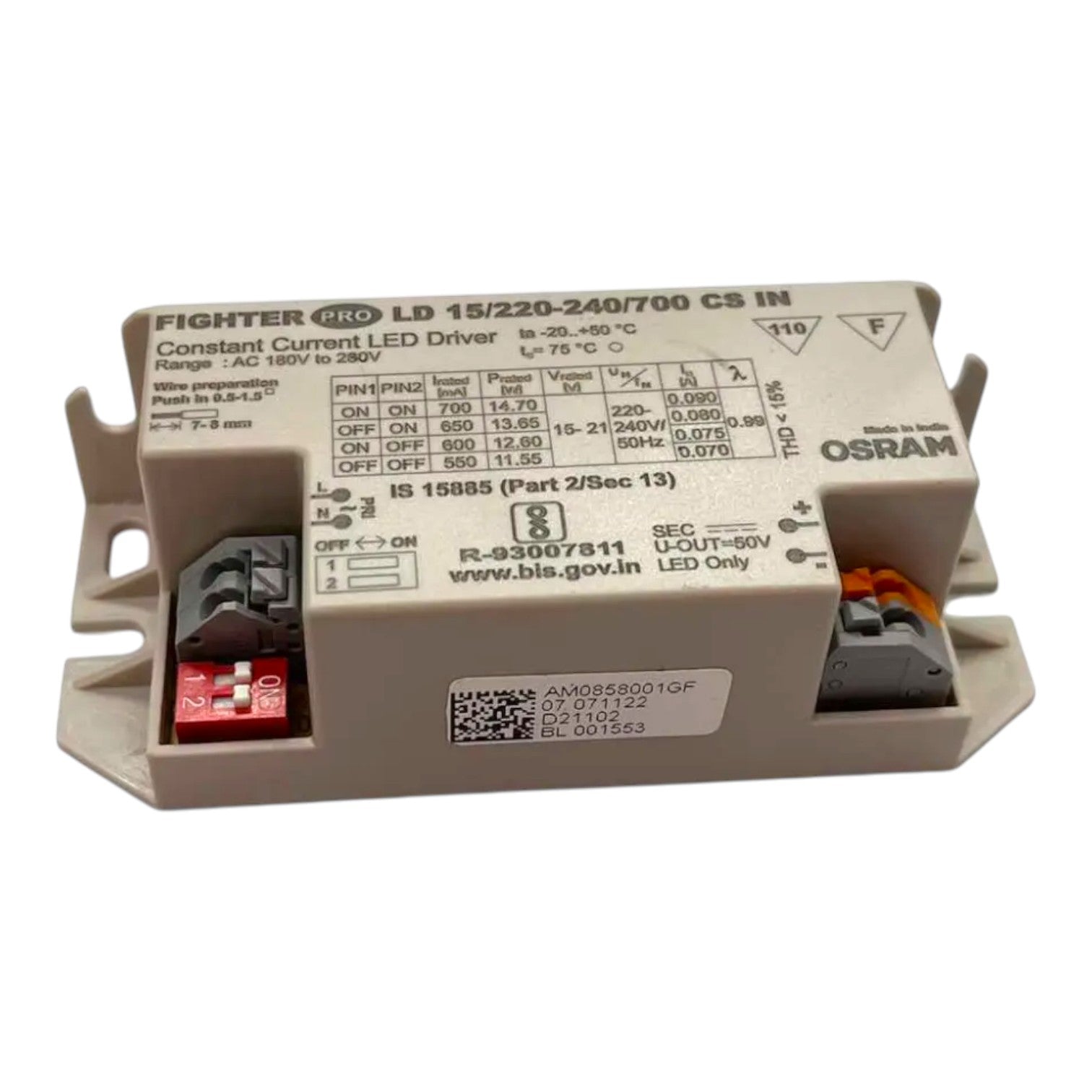 An Osram Fighter LED driver module, model LD 15/220/240/700 CS IN, featuring a beige plastic housing with printed technical specifications and terminal blocks on the sides.