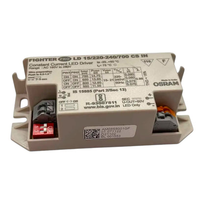 An Osram Fighter LED driver module, model LD 15/220/240/700 CS IN, featuring a beige plastic housing with printed technical specifications and terminal blocks on the sides.