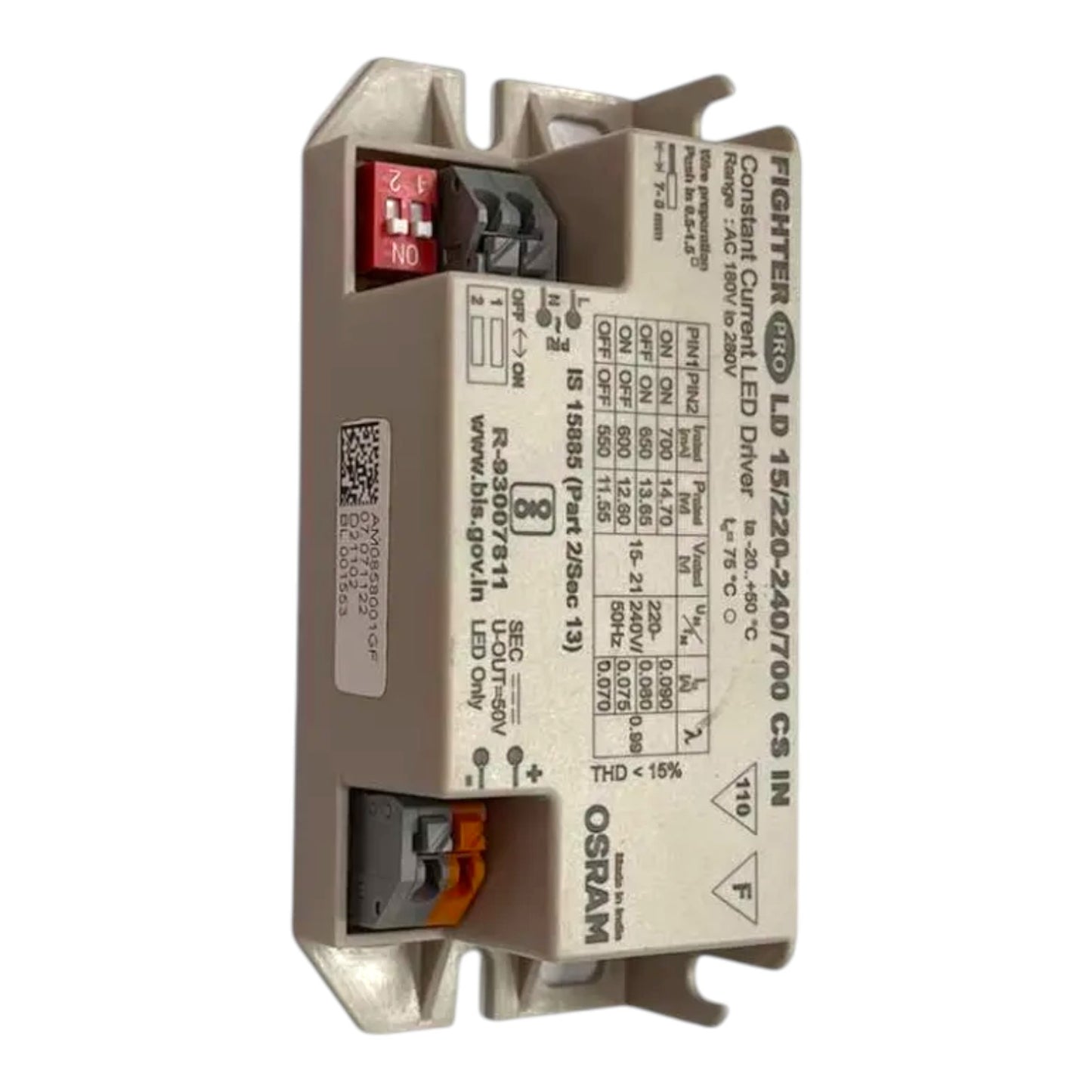 An Osram FIGHTER LED driver module, part number LD 15/220-240/700 CS IN, featuring a beige metal housing with printed technical specifications and terminal blocks at the top and bottom.