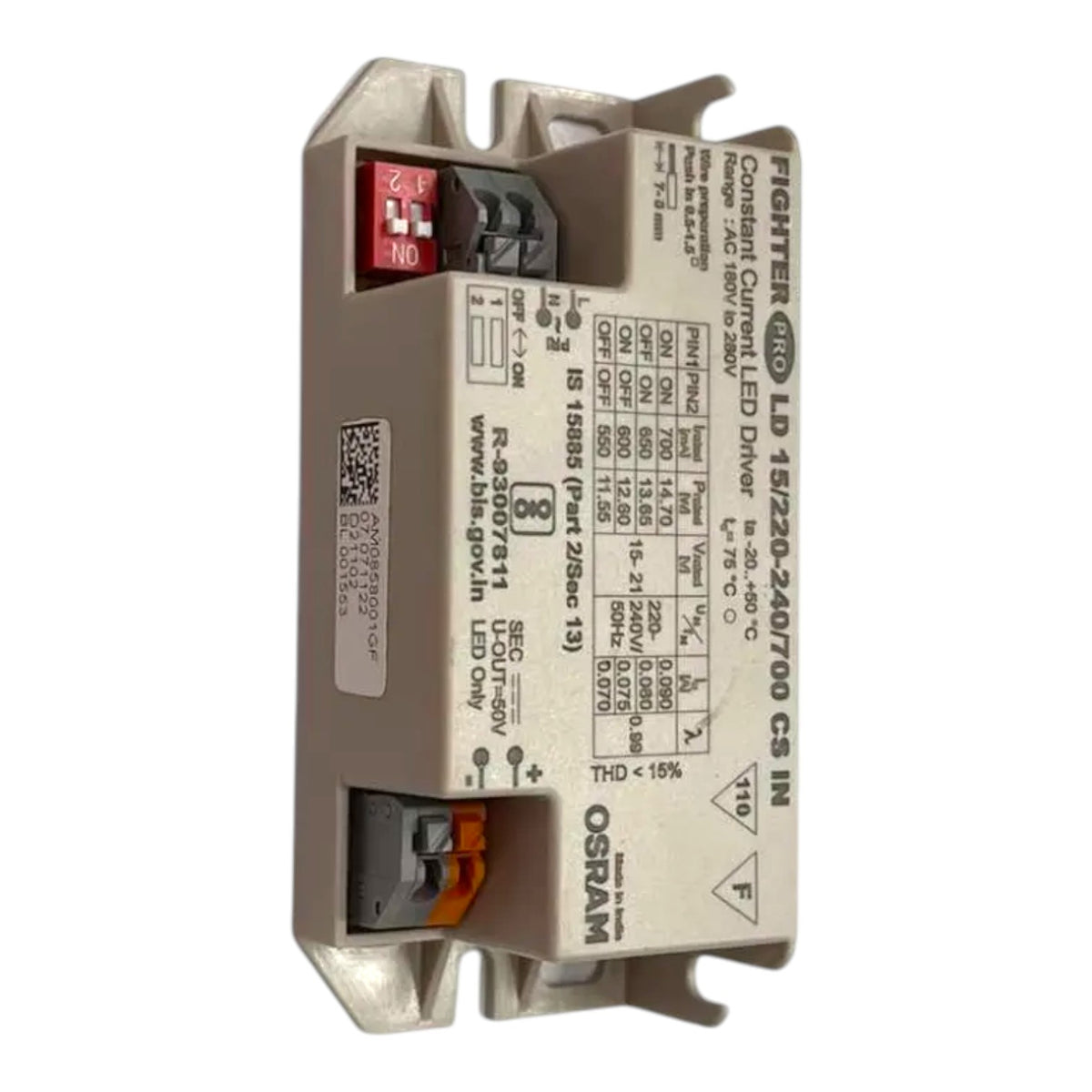 An Osram FIGHTER LED driver module, part number LD 15/220-240/700 CS IN, featuring a beige metal housing with printed technical specifications and terminal blocks at the top and bottom.
