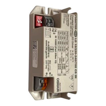An Osram FIGHTER LED driver module, part number LD 15/220-240/700 CS IN, featuring a beige metal housing with printed technical specifications and terminal blocks at the top and bottom.