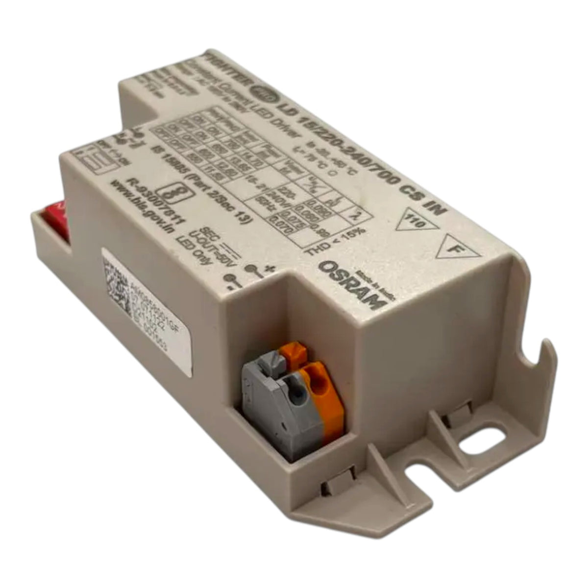 An Osram LED driver module, model LD 162200340700 CS IN, featuring a beige plastic housing with printed technical specifications and a small orange and gray terminal connector.