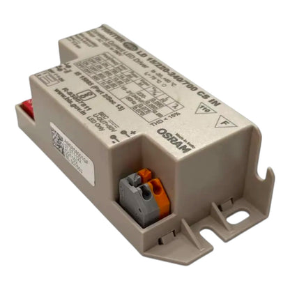 An Osram LED driver module, model LD 162200340700 CS IN, featuring a beige plastic housing with printed technical specifications and a small orange and gray terminal connector.