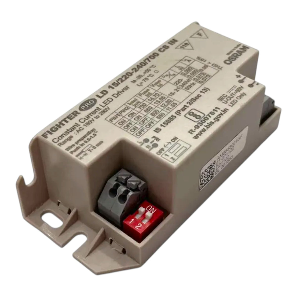A beige FIGHTER LD 1/220-240/760 CS 50W constant current LED driver module with a red and black terminal switch, photographed on a white background.