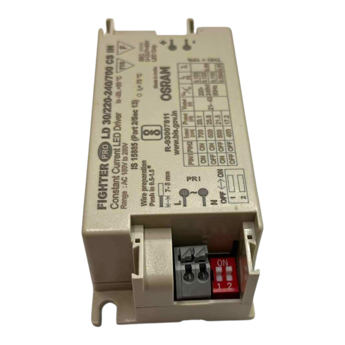 An Osram Fighter LD 30/220-5A/0.710 C5 III constant current LED driver module, featuring a beige plastic housing with technical specifications printed on the side and a terminal block at the bottom.