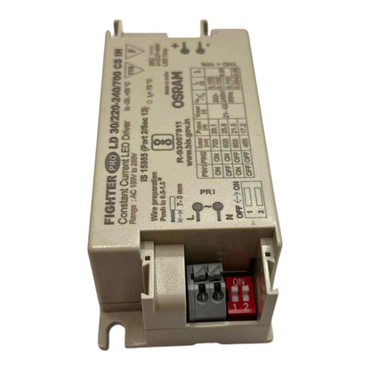 An Osram Fighter LD 30/220-5A/0.710 C5 III constant current LED driver module, featuring a beige plastic housing with technical specifications printed on the side and a terminal block at the bottom.