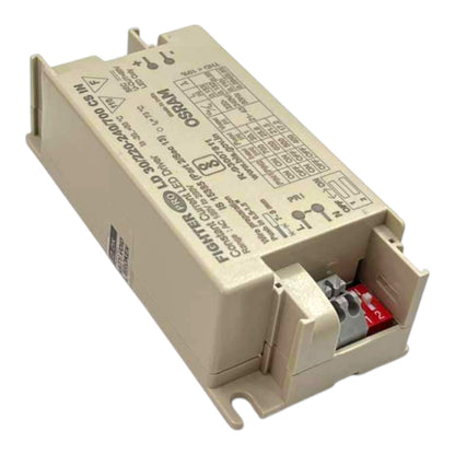 An Osram electronic component, specifically a P10101-01 30V/20W 40700 E24 1/4W light dimmer relay, shown at an angle on a white background with its terminal cover open to reveal the internal red and gray screw terminals.