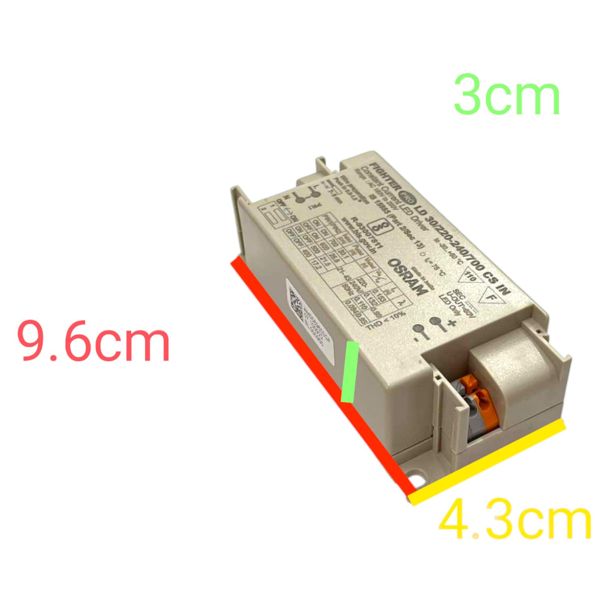 A small electronic power supply component shown on a white background with overlaid dimension labels: 9.6cm in red, 3cm in green, and 4.