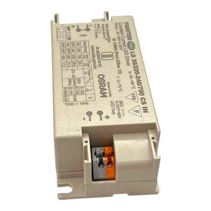 An Osram LED driver module, model LD 3002/23-401700 CS IN, featuring a beige plastic housing with printed technical specifications and a terminal block with orange and silver contacts at the bottom.