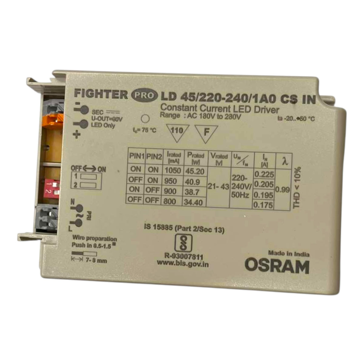 An OSRAM Fighter Pro LED driver module, model LD 45/220-240-1A/0 CS IN, shown on a plain white background. The device is beige with technical specifications printed on its face, and terminal blocks are visible on the left side.