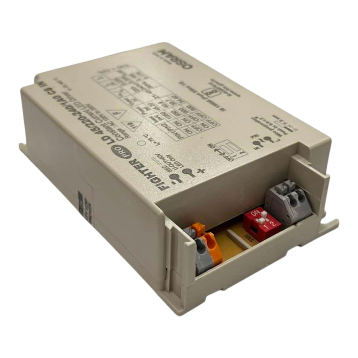 A FIGHTER brand industrial electrical module, model LD 42224000011, in a beige plastic housing with a hinged side panel that is open to reveal internal terminal blocks with red, orange, and gray components.