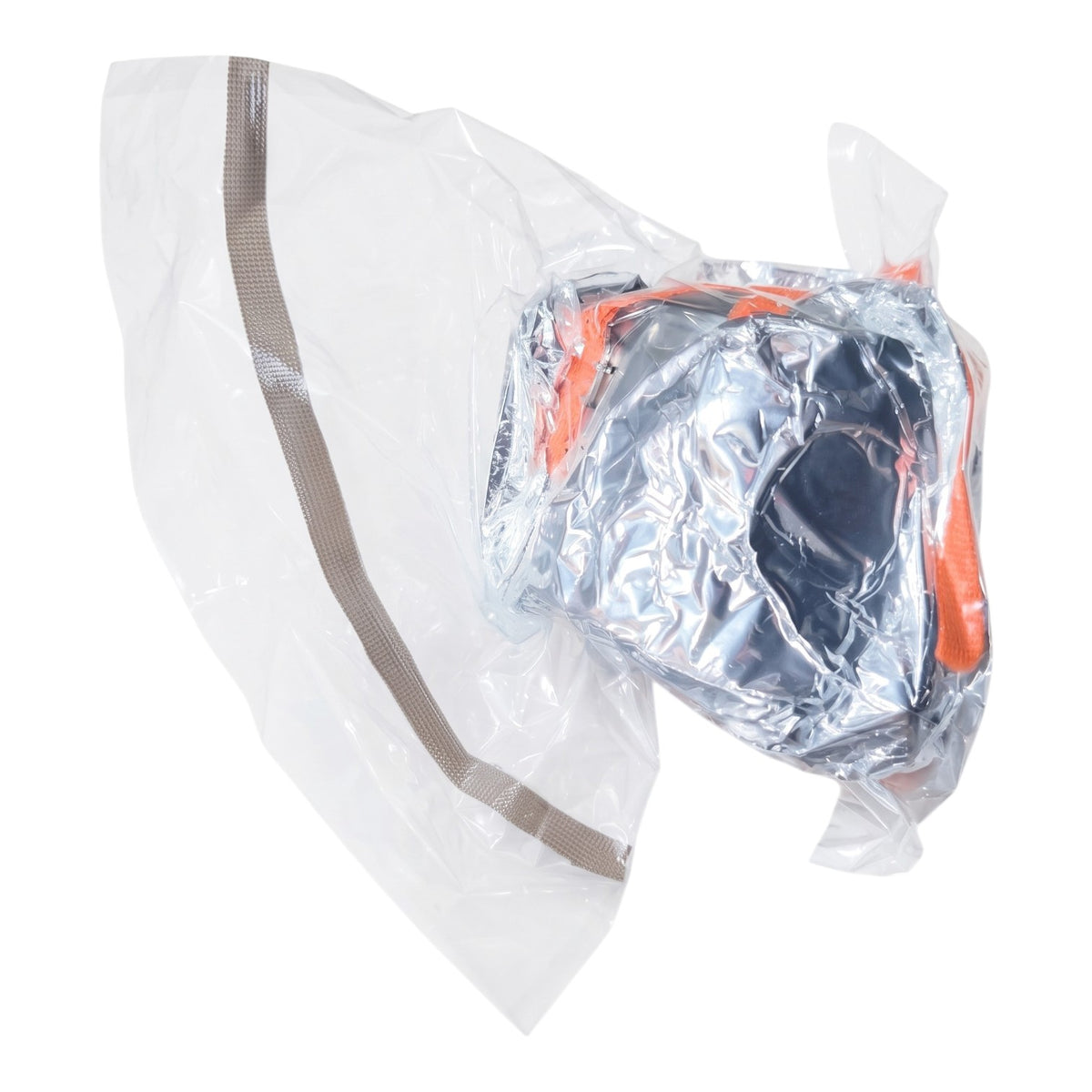 A pair of black and orange safety goggles inside a clear plastic protective bag with a brown zipper, shown on a white background.