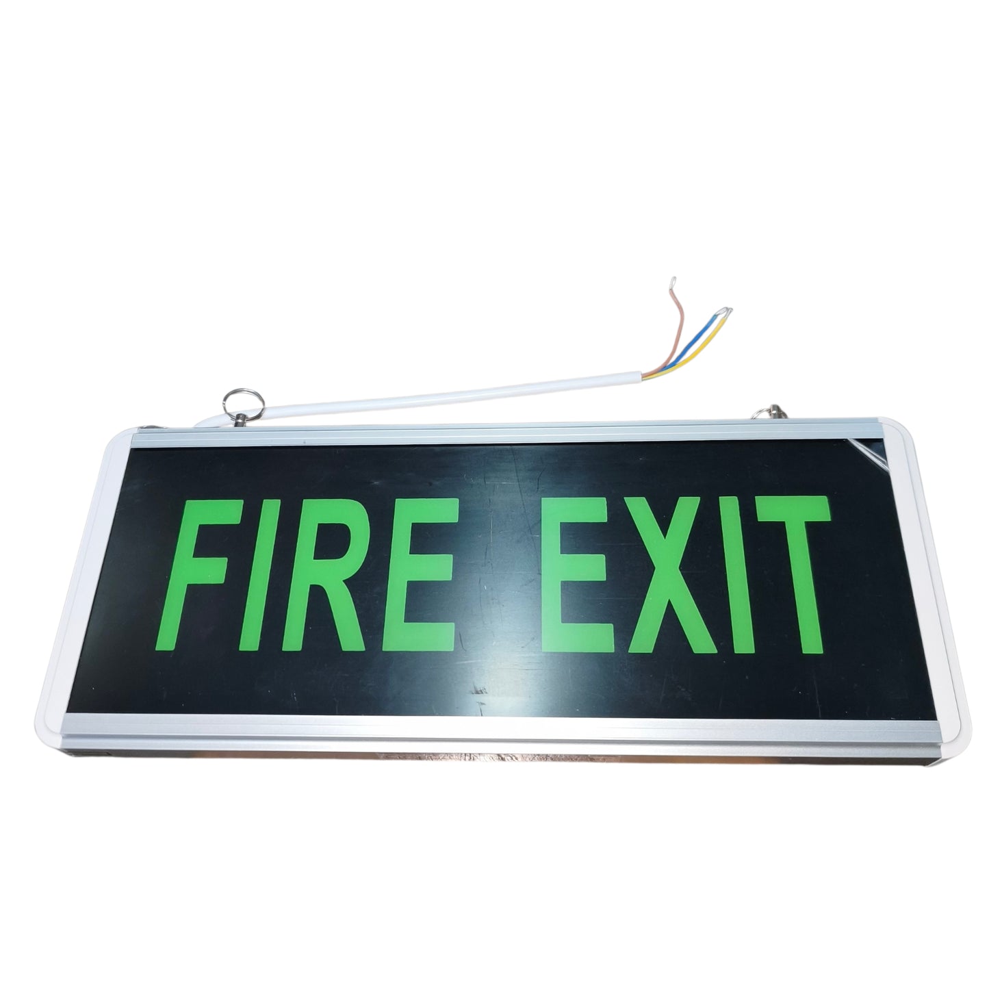 A rectangular fire exit sign with a black background and bright green LED text reading 'FIRE EXIT', shown against a plain white background. The sign has a silver metal frame and a hanging wire with exposed wires at the top.