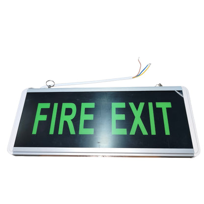 A rectangular fire exit sign with a black background and bright green LED text reading 'FIRE EXIT', shown against a plain white background. The sign has a silver metal frame and a hanging wire with exposed wires at the top.