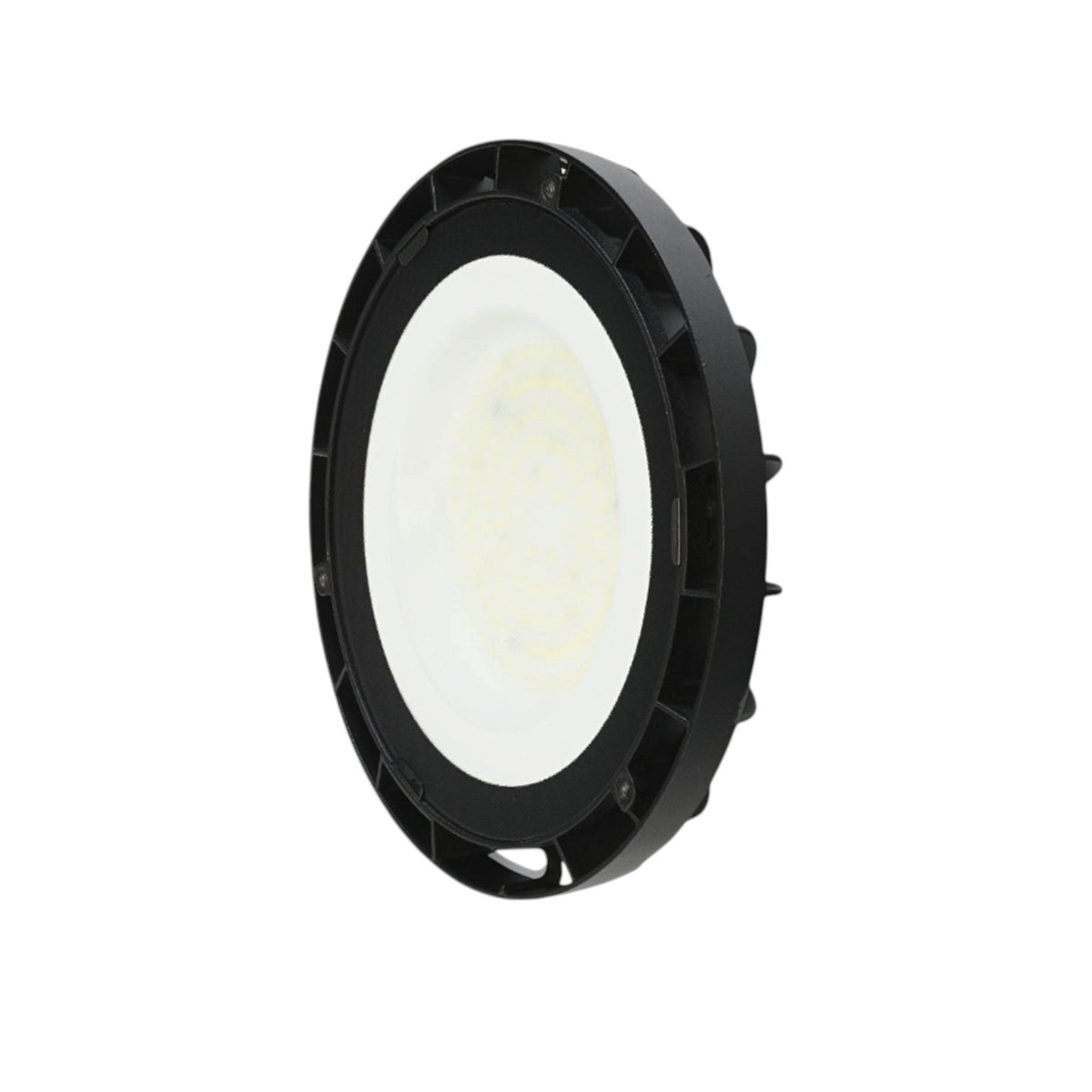 A circular black LED light fixture with a white diffuser, shown at an angle on a solid white background.