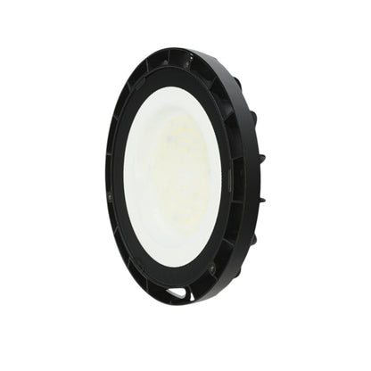 A circular black LED light fixture with a white diffuser, shown at an angle on a solid white background.