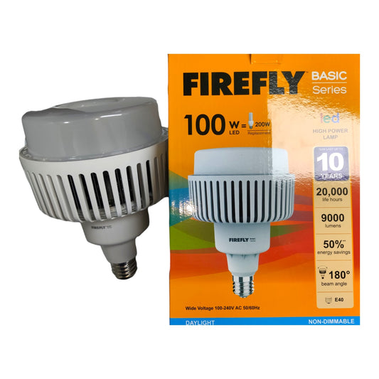 A FIREFLY 100W LED key light bulb shown next to its orange retail packaging box on a plain white background.