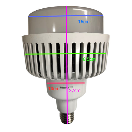 A white LED light bulb with a ribbed cylindrical body and screw base, overlaid with colored measurement lines and text showing dimensions: 16cm diameter at the top, 18.5cm width, 10mm socket diameter, and 27cm total height.