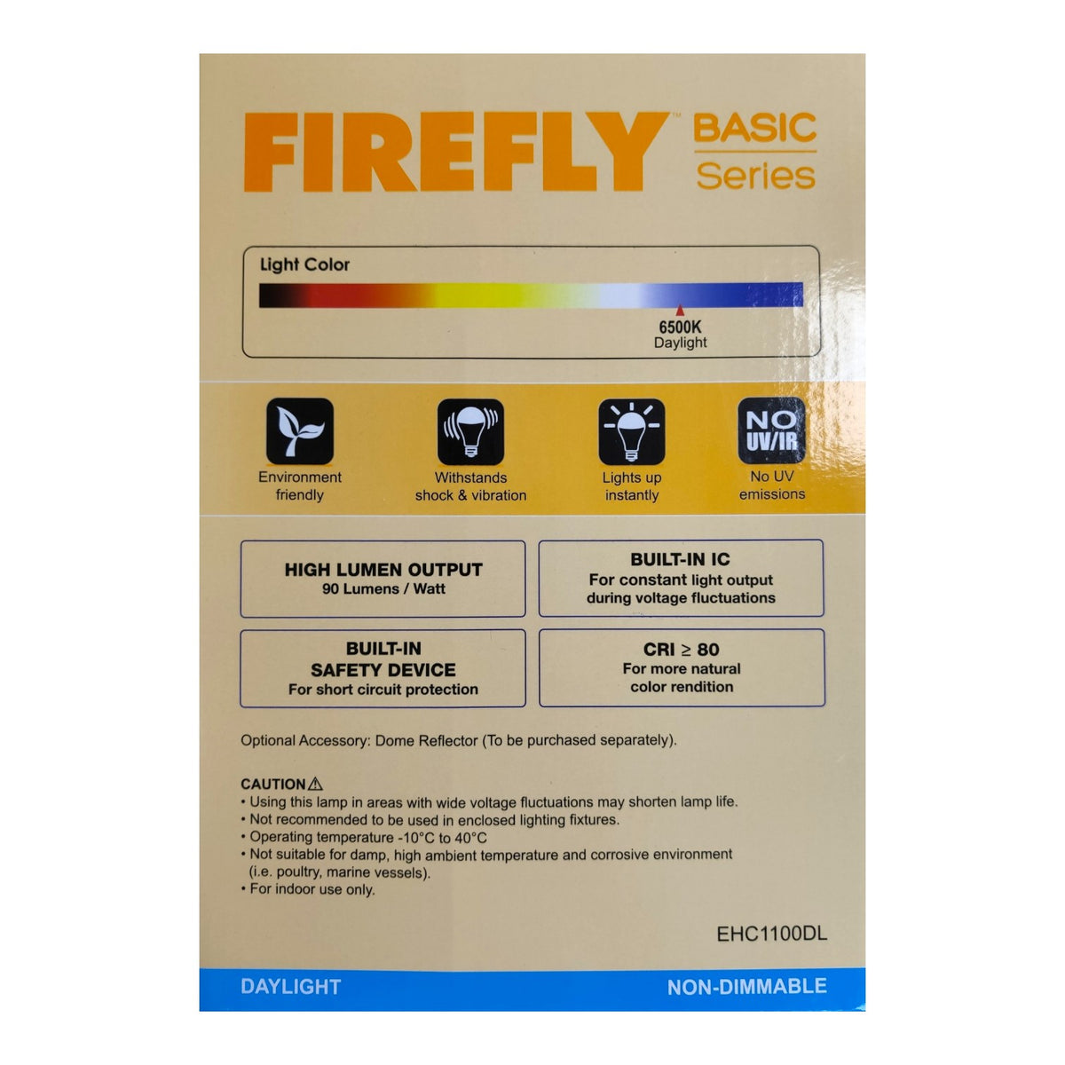 A product information card for the Firefly Basic Series daylight LED lamp, showing specifications, features, and a light color indicator on a beige background with blue accents.