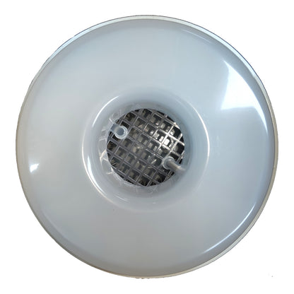 A circular white plastic light diffuser or vent cover with a central metallic mesh filter, shown against a plain white background.