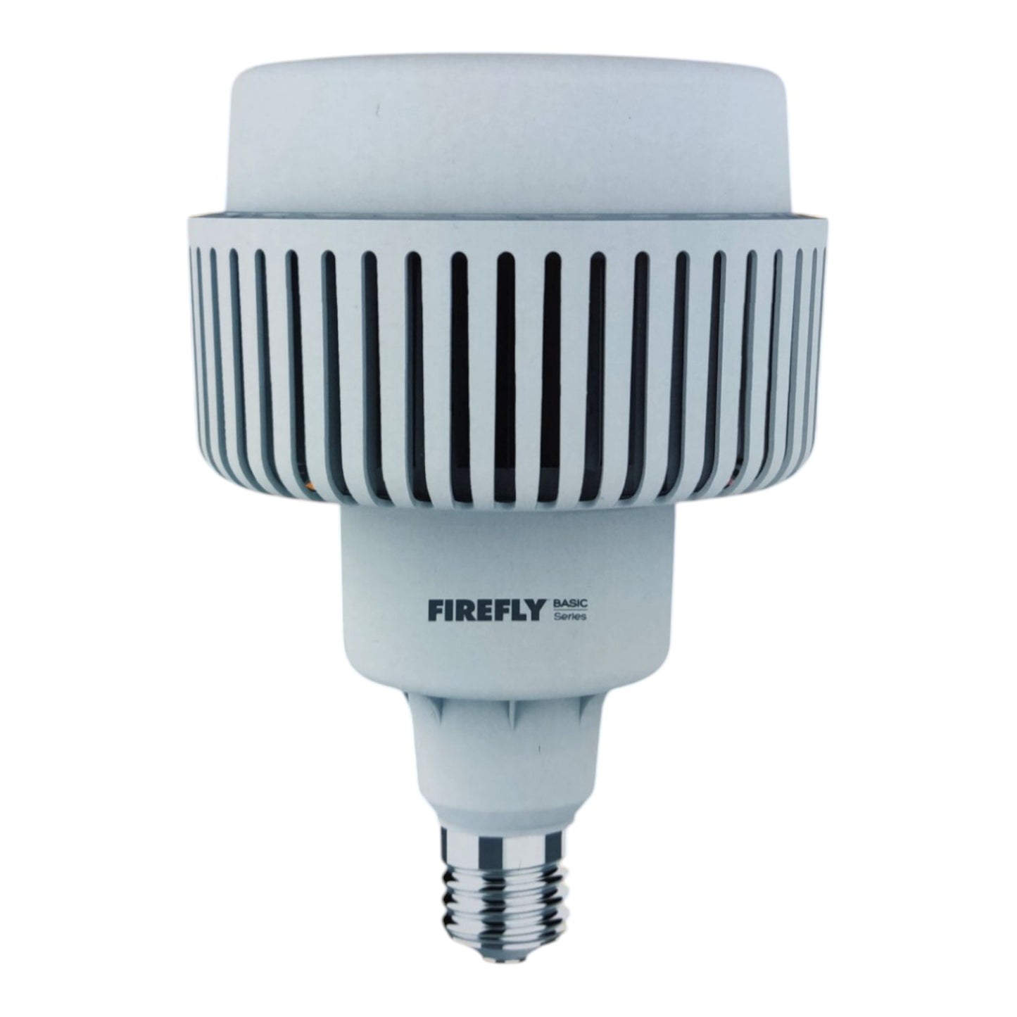 A Firefly Basic LED light bulb with a ribbed cylindrical heat sink design and a silver screw base, shown against a plain white background.