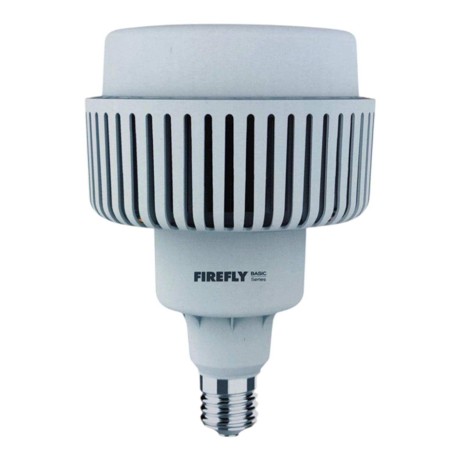 A Firefly Basic LED light bulb with a ribbed cylindrical heat sink design and a silver screw base, shown against a plain white background.